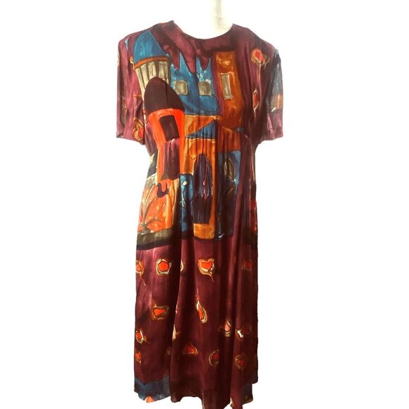 ALI CRUZ Women Abstract Print Midi Dress Sz 8 Short Sleeve Multicolor Boho 77-7 - Picture 1 of 12